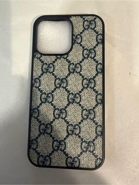 Custom Designer Gucci Style Grey & Navy GG Pattern iPhone 16 Pro Max Case used.